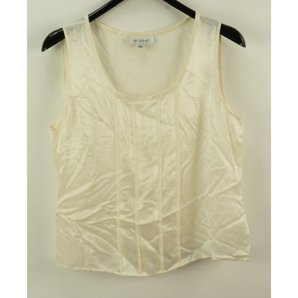 St. John 100% Silk Ivory Pleated Darted Tank Top Women's Size 16 Sleeveless